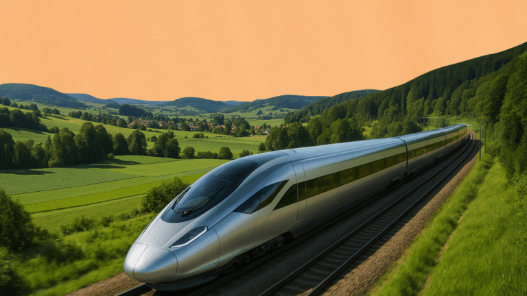 Train à grande vitesse traversant la campagne, illustrant l’intégration de OUIGO dans les agences de voyages d'affaires comme Supertripper pour des réservations de train économiques en ligne.