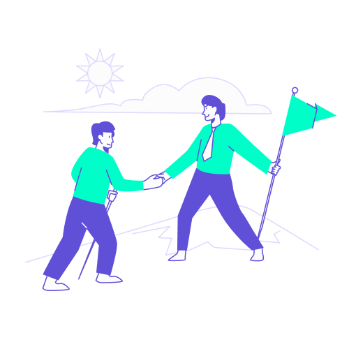 Illustration de deux professionnels se serrant la main au sommet d’une colline, l’un tenant un drapeau, symbolisant le succès et la croissance grâce au voyage d’affaires.
