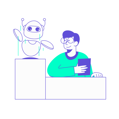 Illustration stylisée en turquoise et violet représentant la collaboration entre l'humain et la technologie. Un professionnel sourit à un robot flottant aux formes arrondies, symbolisant l'intelligence artificielle. Ce visuel illustre l'ère actuelle du voyage d'affaires, où la puissance des outils numériques et des algorithmes s'allie à l'expertise, au conseil et à l'empathie de l'assistant ou du gestionnaire de voyages pour offrir une expérience sur mesure et sécurisée.