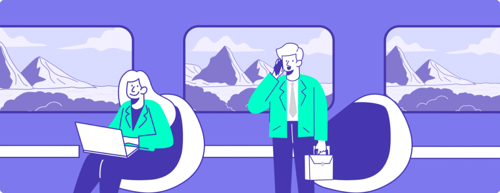 Illustration stylisée en turquoise et violet représentant deux professionnels dans un train à grande vitesse traversant un paysage de montagnes. Une femme travaille sur son ordinateur portable tandis qu'un homme, mallette à la main, passe un appel téléphonique. Ce visuel illustre la réalité du voyage d'affaires : un temps de déplacement optimisé pour le travail, où le confort du transport permet de rester productif entre deux destinations.