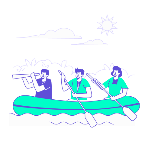 Illustration stylisée en turquoise et violet représentant trois collaborateurs dans un canoë pneumatique sur l'eau, sous un soleil radieux. L'un d'eux regarde au loin avec une longue-vue pendant que les deux autres rament. Ce visuel symbolise la réflexion stratégique sur le choix du mode de transport pour un voyage d'affaires : analyser l'itinéraire et les besoins de l'équipe pour naviguer efficacement entre les options du train, de l'avion ou de la voiture.