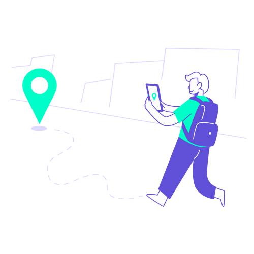 Illustration d’un homme avec un sac à dos consultant une tablette pour se diriger vers un point géolocalisé, représentant la réservation d’un hébergement proche du lieu de mission.