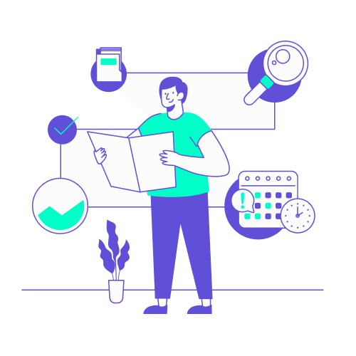 Illustration stylisée en turquoise et violet représentant un collaborateur consultant un document, entouré d'icônes liées à la gestion de projet : loupe pour la recherche, calendrier pour les dates, horloge pour le temps, dossiers et graphiques de performance. Ce visuel illustre l'organisation d'un voyage d'affaires comme un processus structuré, incluant la recherche des meilleures options, le respect des échéances et l'optimisation logistique pour garantir le succès de la mission.
