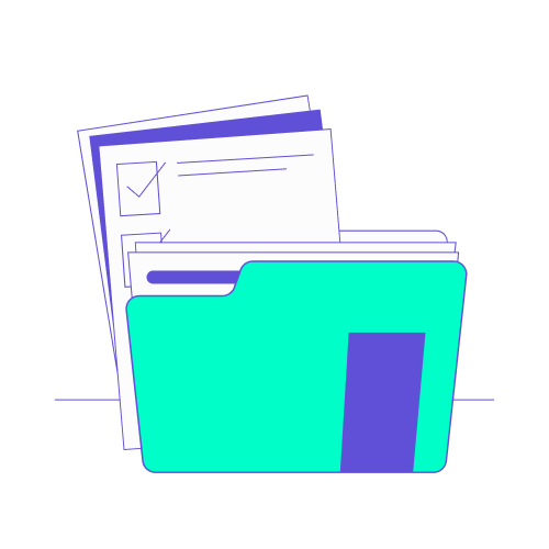 Illustration stylisée en turquoise et violet représentant un dossier de classement ouvert laissant apparaître plusieurs documents, dont un formulaire avec une case cochée. Ce visuel symbolise la préparation minutieuse des formalités administratives indispensables pour un voyage d'affaires : passeports, visas, attestations d'assurance, billets de transport et confirmations de réservation, tous regroupés pour un départ sans encombre.