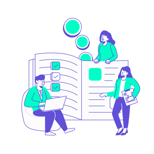 Illustration stylisée en turquoise et violet représentant une équipe de trois collaborateurs autour d'un livre géant ouvert, affichant une checklist avec des cases cochées. Un collaborateur travaille sur un ordinateur portable, tandis qu'une autre tient un dossier de synthèse. Des cercles flottants symbolisent les différentes étapes validées. Ce visuel récapitule les points essentiels pour organiser un voyage d'affaires : une planification structurée, une gestion documentaire rigoureuse et une validation systématique de chaque étape logistique.