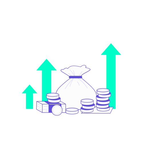 Illustration cadre réglementaire fiscalité et duty of care : sac d’argent et piles de pièces avec flèches ascendantes, symbolisant obligations légales et gestion financière.