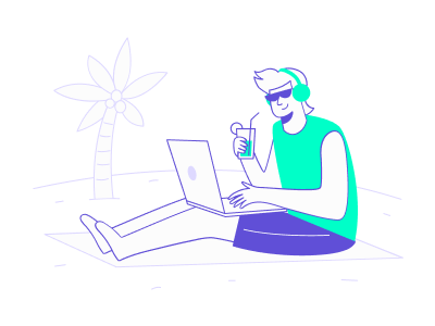 Illustration le bleisure définition ampleur et évolution : professionnel en télétravail sur la plage avec ordinateur portable et boisson, combinant travail et loisirs.