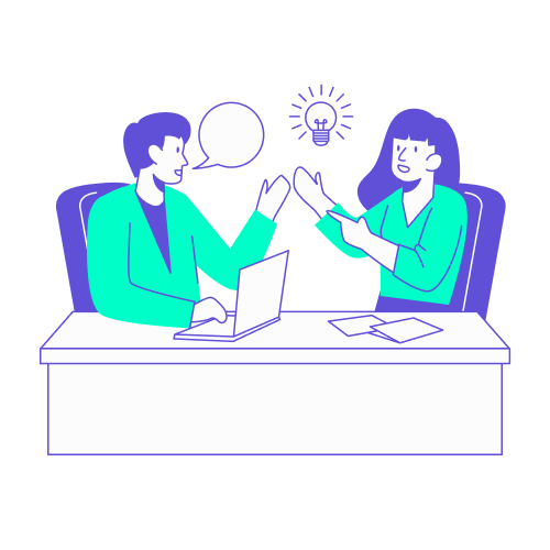 Illustration stylisée en turquoise et violet représentant une réunion de briefing entre une organisatrice et son patron assis à un bureau. On y voit un ordinateur portable, une bulle de dialogue et une icône d'ampoule allumée au-dessus d'eux. Ce visuel symbolise l'étape cruciale du point de préparation final, 24 à 48h avant le départ, pour passer en revue le dossier de mission, confirmer les derniers détails logistiques et s'assurer que le voyageur dispose de toutes les informations clés pour sa réussite.
