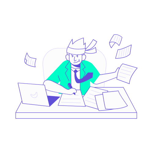 Illustration stylisée en turquoise et violet représentant un collaborateur en mode "guerrier de l'administration", portant un bandeau noué autour de la tête et travaillant intensément à son bureau. Entouré de feuilles qui volent et d'un ordinateur portable, il remplit activement des documents. Ce visuel symbolise l'étape finale du voyage d'affaires : le traitement rapide et rigoureux des notes de frais et le bouclage du suivi administratif pour clore officiellement la mission.