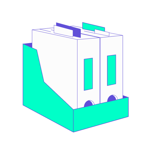 Illustration stylisée en turquoise et violet représentant un porte-revues contenant deux gros classeurs d'archives munis d'onglets de couleur. Ce visuel symbolise la création d'un dossier de mission complet et structuré pour son patron, regroupant de manière ordonnée tous les documents indispensables : billets, réservations hôtelières, plans d'accès, fiches contacts et programme détaillé, consultables facilement à tout moment du voyage.