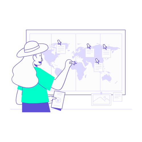 Illustration stylisée en turquoise et violet représentant une organisatrice portant un chapeau de voyageuse, debout devant une carte du monde murale. Elle y épingle des notes de retour d'expérience sur différents continents. Ce visuel symbolise l'étape finale de perfectionnement : capitaliser sur les réussites et les aléas du voyage d'affaires pour affiner les préférences du patron et optimiser les futures procédures de déplacement de l'entreprise.