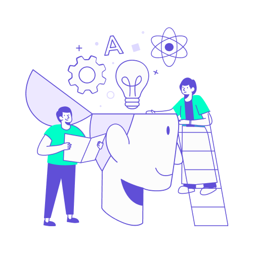 Illustration conceptuelle en turquoise et violet représentant deux collaborateurs explorant l'intérieur d'une tête stylisée (symbolisant l'esprit du voyageur). Des icônes d'ampoule, d'engrenage et de science flottent au-dessus. Ce visuel illustre l'étape de recherche approfondie pour identifier précisément les préférences et contraintes de son patron : habitudes de vol, exigences hôtelières, programmes de fidélité et contraintes personnelles pour un voyage d'affaires sur mesure.