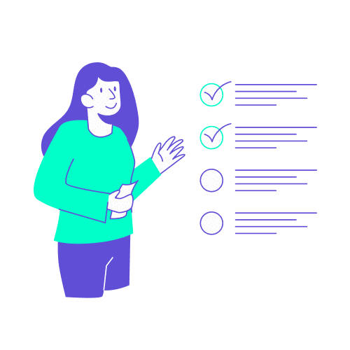 Illustration stylisée en vert turquoise et violet montrant une assistante ou collaboratrice souriante présentant une checklist de planification. Ce visuel accompagne les conseils pour organiser un voyage d'affaires pour son patron, illustrant la première étape indispensable : la création d'une liste récapitulative pour recenser les préférences de transport, les besoins en hébergement et les impératifs de l'agenda.