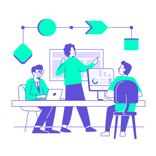 Illustration conceptuelle en turquoise et violet représentant une équipe de trois collaborateurs en pleine session de travail. Un personnage debout pointe un écran affichant des données, tandis que deux autres utilisent des ordinateurs (portable et fixe). Au-dessus d'eux, un schéma de flux avec des formes géométriques reliées symbolise les étapes logiques d'un processus. Ce visuel synthétise la méthode globale pour organiser un déplacement professionnel : analyse des besoins, planification technique, exécution et suivi analytique des résultats.
