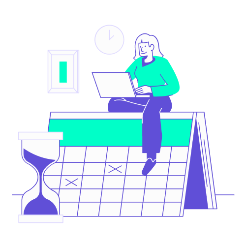 Illustration stylisée en turquoise et violet représentant une collaboratrice travaillant sur son ordinateur portable, assise au sommet d'un calendrier de bureau géant. À côté, un sablier symbolise l'écoulement du temps. Ce visuel illustre l'importance de planifier intelligemment chaque étape du déplacement de son patron : synchronisation de l'agenda, anticipation des temps de trajet et réservation des créneaux pour garantir un voyage d'affaires fluide et sans stress.