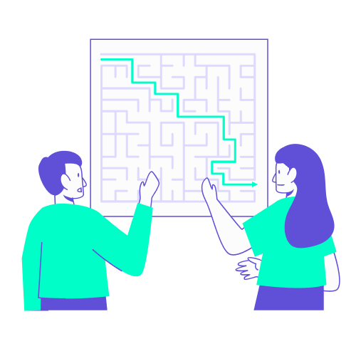 Illustration stylisée en turquoise et violet montrant deux collaborateurs analysant un labyrinthe complexe affiché sur un mur. Une ligne verte trace un chemin clair à travers les obstacles vers la sortie. Ce visuel symbolise le rôle de l'organisateur pendant le voyage : assurer un suivi discret et guider son patron à travers les imprévus logistiques (retards, changements d'horaires) pour maintenir un itinéraire fluide malgré les difficultés.