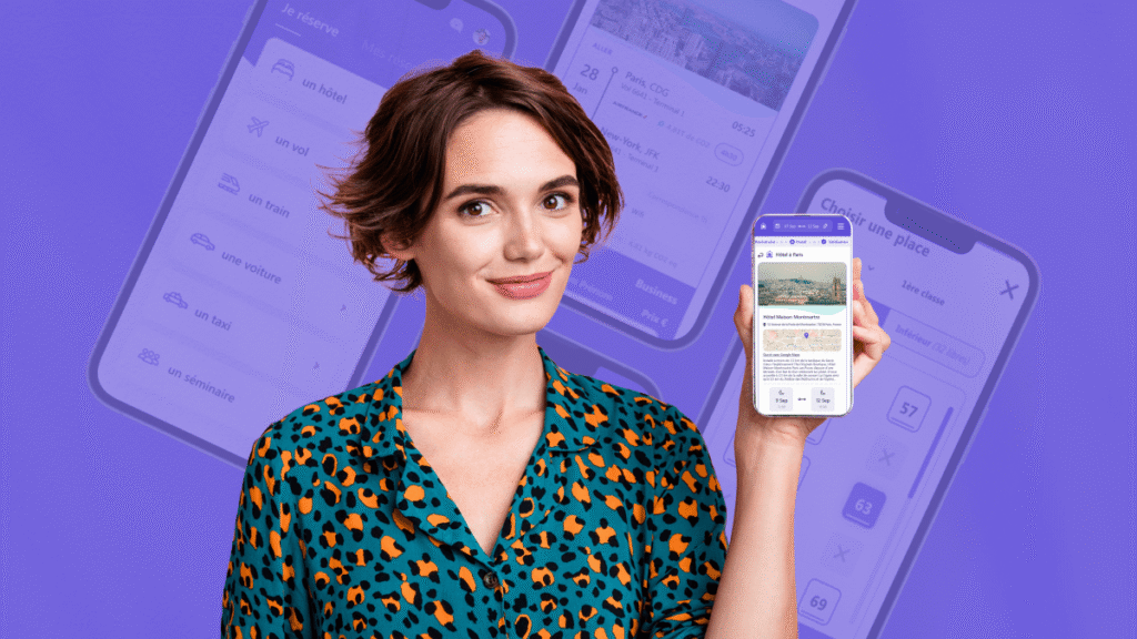 Femme souriante tenant un smartphone affichant une application Supertripper, illustrant une solution de gestion des déplacements professionnels sur fond violet.