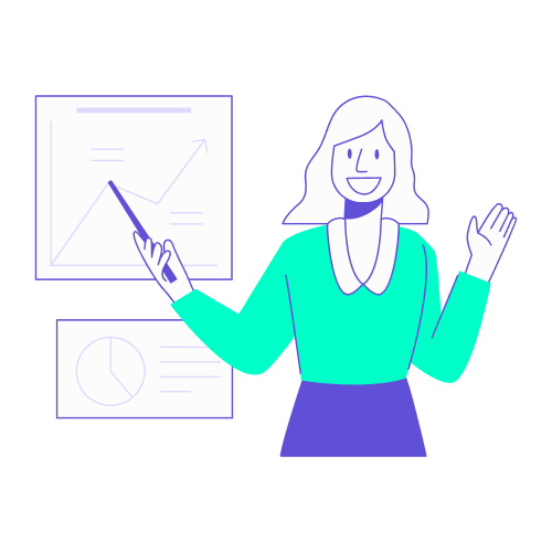 Femme souriante présentant des graphiques de performance, illustrant la valorisation et l’analyse d’un voyage professionnel après le retour.