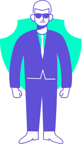 Homme en costume et lunettes de soleil debout devant un bouclier stylisé, symbolisant la sécurité des collaborateurs et la politique de Duty of Care.
