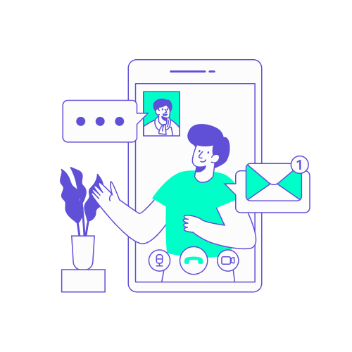 Personne en appel vidéo sur un smartphone, entourée d’icônes de messagerie et données, représentant la gestion du forfait téléphonique et des données mobiles en déplacement.
