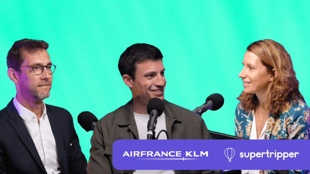 Interview podcast Air France KLM et Supertripper sur le NDC Direct Connect, trois intervenants échangeant autour de micros en studio.