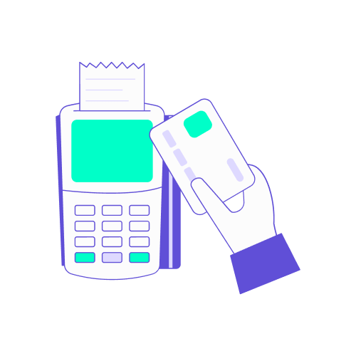 Main tenant une carte bancaire devant un terminal de paiement avec reçu, illustrant la préparation des moyens de paiement pour un déplacement professionnel.