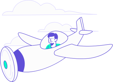 Illustration stylisée d'un collaborateur pilotant un avion à hélice dans un ciel parsemé de nuages, encadrée par deux lignes verticales de navigation. Ce visuel symbolise la phase de sélection des transports et de l'hébergement : en prenant les commandes de son itinéraire, le voyageur d'affaires choisit les options les plus fluides (vols directs, hôtels à proximité des rendez-vous) pour maximiser sa productivité et réduire la fatigue liée au trajet.