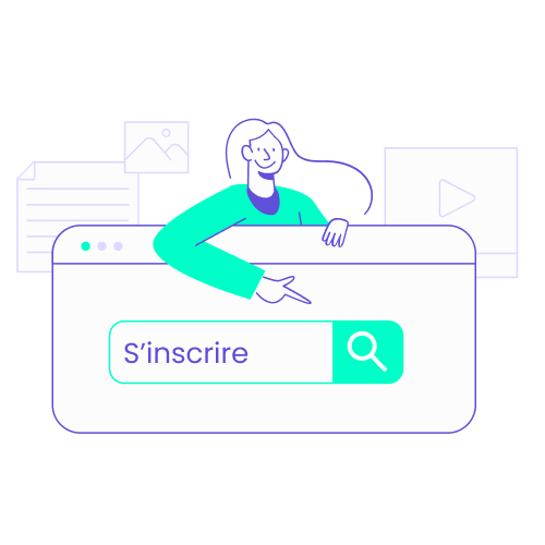 Femme souriante pointant vers un champ de recherche avec le bouton “S’inscrire”, représentant l’inscription gratuite sur la plateforme Ariane pour les voyageurs.