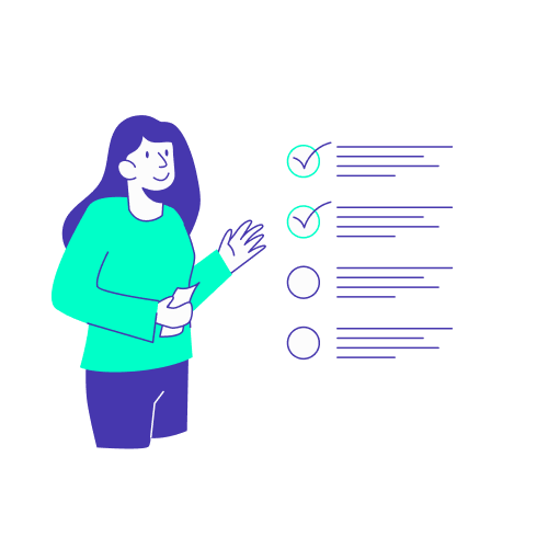 Illustration stylisée en vert et violet d'une collaboratrice présentant une checklist de vérification. Ce visuel illustre l'organisation d'un déplacement professionnel en voiture : de la validation de la politique voyage à la vérification des critères de sécurité, de confort et d'impact carbone liés à l'utilisation d'un véhicule (personnel, de fonction ou de location).