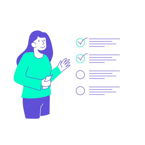 Illustration stylisée en turquoise et violet représentant une collaboratrice présentant une liste de contrôle (checklist) avec plusieurs étapes validées par des coches bleues. Ce visuel symbolise l'adoption de la norme NDC (New Distribution Capability) par les entreprises. Il illustre la validation des nouveaux standards de distribution aérienne qui permettent d'accéder à des offres plus riches, personnalisées et transparentes directement dans les outils de réservation professionnels.