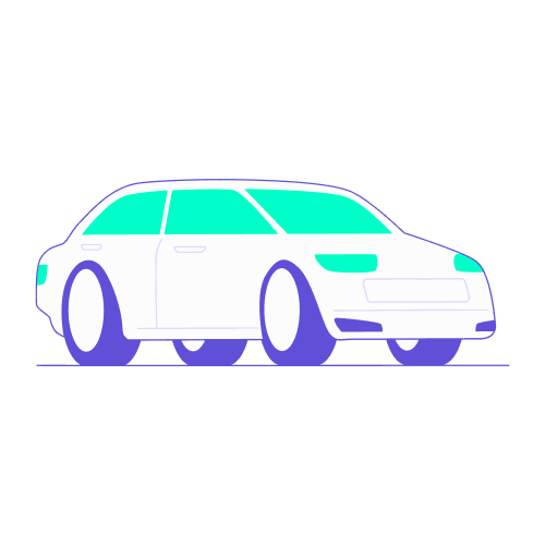 Illustration minimaliste d'une voiture de profil en vert turquoise et violet, encadrée par deux lignes verticales suggérant un défilement ou une étape de sélection. Ce visuel accompagne les conseils sur le déplacement professionnel en voiture, abordant les options de mobilité comme la location de courte durée, l'autopartage en entreprise ou l'indemnisation des frais kilométriques (IK).