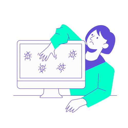 Comment recuperer ses titres ou obtenir un remboursement en cas de bug ou mauvaise manipulation Illustration stylisée d'une collaboratrice à l'air inquiet devant un écran d'ordinateur envahi par des icônes d'insectes (symbolisant des "bugs" informatiques). Ce visuel accompagne les démarches de support client pour le Pass Navigo Easy : comment obtenir un remboursement ou récupérer ses titres de transport suite à une erreur technique de l'application ou à une mauvaise manipulation lors de l'achat.