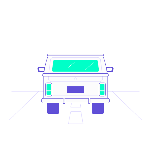 Illustration stylisée vue de l'arrière d'un véhicule turquoise et violet circulant sur une route. Ce visuel accompagne les conseils sur la conduite en France avec son véhicule personnel lors d'un déplacement professionnel, rappelant l'importance de vérifier la validité du contrôle technique, l'assurance "usage affaires" et les modalités de remboursement via les indemnités kilométriques (IK).