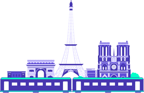 Le Navigo Easy couvre t il toute lIle de France zones 1 5 pour des rendez vous en grande couronne Illustration panoramique en violet et turquoise présentant les monuments emblématiques de Paris (l'Arc de Triomphe, la Tour Eiffel et la cathédrale Notre-Dame) surplombant une rame de métro ou de train. Ce visuel accompagne les explications sur la validité du Pass Navigo Easy, précisant s'il couvre uniquement le centre de Paris ou s'il permet de se déplacer en grande couronne (zones 1 à 5) pour des rendez-vous professionnels.