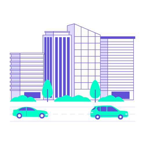 Illustration stylisée de bâtiments de bureaux modernes en violet et vert turquoise, devant lesquels circulent deux voitures, une berline et un SUV. Ce visuel accompagne les conseils pour louer un véhicule professionnel, abordant les avantages de la location de courte durée pour la mobilité urbaine, la gestion des coûts de flotte et la simplicité administrative pour l'entreprise.