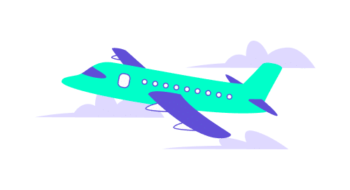 Illustration stylisée en turquoise et violet représentant un avion de ligne en plein vol au milieu de nuages simplifiés. Ce visuel illustre les différentes possibilités de connexion au standard NDC (New Distribution Capability) : via des connexions directes avec les compagnies aériennes, des agrégateurs spécialisés ou les outils de réservation (SBT). Il symbolise la fluidité de la distribution aérienne moderne et la capacité de cette norme à connecter les transporteurs aux acheteurs de voyages de manière plus directe.