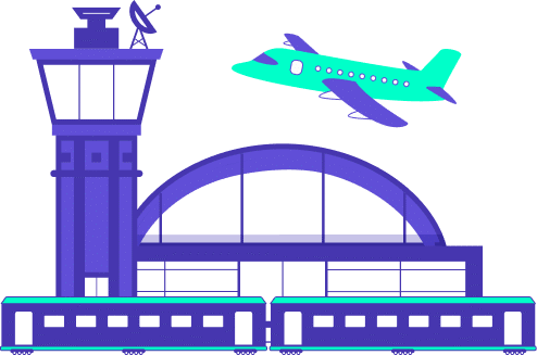 Orly Illustration stylisée en violet et turquoise représentant un complexe aéroportuaire avec une tour de contrôle, un terminal à dôme vitré et un avion en phase de décollage. Au premier plan, une rame de train ou de RER circule, illustrant la desserte des aéroports de Paris-Charles de Gaulle et d'Orly. Ce visuel accompagne les informations sur la validité du Pass Navigo Easy pour les trajets aéroportuaires, notamment via le Roissybus, l'Orlybus ou le RER.