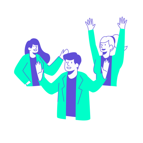 Peut on partager un Navigo Easy entre collegues ou valider plusieurs passages avec la meme carte Illustration stylisée d'un groupe de trois collaborateurs souriants et saluant de la main, en violet et vert turquoise. Ce visuel accompagne les explications sur le caractère strictement individuel du Pass Navigo Easy : bien qu'il soit anonyme, il est interdit de le partager pour un même trajet ou de valider plusieurs passages successifs pour différentes personnes avec la même carte.