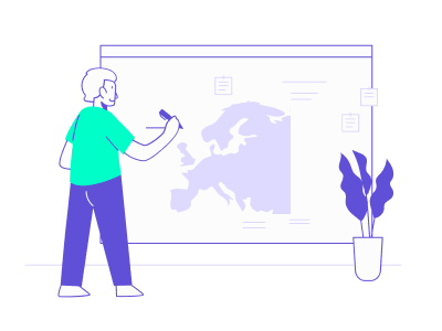 Illustration stylisée d'un collaborateur traçant un itinéraire sur une carte de l'Europe affichée sur un grand tableau de bord. Ce visuel symbolise la planification rigoureuse d'un déplacement professionnel en voiture, incluant le calcul des temps de trajet, le choix des étapes et la réservation de l'hébergement pour anticiper les imprévus et garantir la sécurité du voyageur.