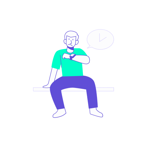 Pourquoi plusieurs trajets sont ils debites malgre le respect de la limite 1h30 Illustration stylisée d'un voyageur assis, consultant sa montre avec un air perplexe, accompagné d'une bulle de pensée affichant une horloge. Ce visuel illustre les interrogations liées à la tarification du Pass Navigo Easy, notamment lorsqu'un second trajet est débité par erreur malgré le respect du délai de correspondance de 1h30, souvent dû à un changement de mode de transport non couvert par le ticket T+ (passage du métro au bus/tram par exemple).