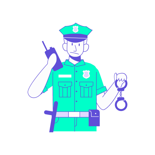 Quel est le montant de lamende en cas de partage de Pass Navigo Easy ou de defaut de validation lors dun controle Illustration stylisée d'un agent de contrôle en uniforme turquoise et violet, tenant un talkie-walkie et des menottes (utilisées ici de manière symbolique). Ce visuel accompagne les informations sur les sanctions encourues en cas d'infraction avec le Pass Navigo Easy, précisant les montants des amendes forfaitaires pour défaut de validation ou usage non autorisé par un tiers lors d'un contrôle de transport.