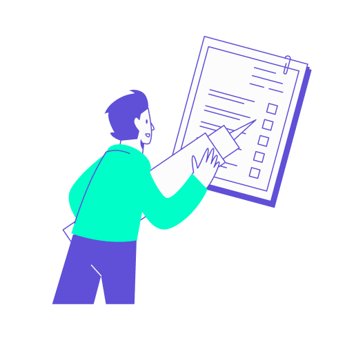 Illustration stylisée en turquoise et violet représentant un travel manager de dos, tenant un stylo géant pour remplir une checklist sur un document de grande taille fixé par un trombone. Ce visuel symbolise les changements concrets apportés par la norme NDC dans le quotidien professionnel : une gestion facilitée de la politique voyage, une validation plus précise des services optionnels et une mise en conformité simplifiée grâce à une transparence accrue des offres aériennes directement dans les outils de réservation professionnels.
