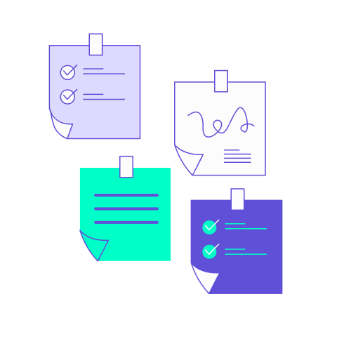 Illustration stylisée en turquoise et violet représentant quatre notes adhésives (post-it) épinglées, chacune affichant des contenus différents : des listes de contrôle avec des cases cochées, des lignes de texte et des graphiques schématiques. Ce visuel symbolise la richesse et la variété des données échangées via la norme NDC (New Distribution Capability) de l'IATA. Il illustre la capacité de cette norme à transmettre des offres personnalisées, des services additionnels (bagages, sièges, repas) et des informations détaillées en temps réel entre les compagnies aériennes et les agences de voyages.
