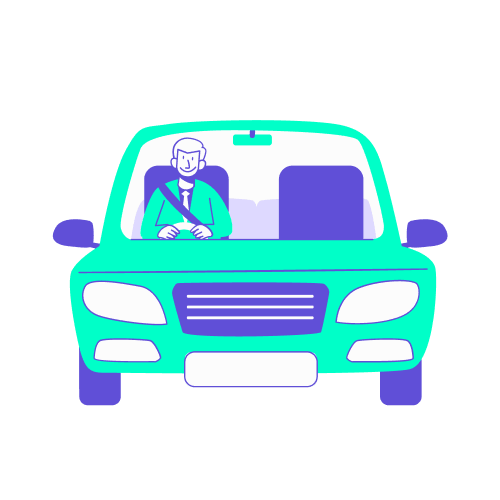 Illustration stylisée de face montrant un collaborateur souriant au volant d'une voiture turquoise et violette, ceinture de sécurité attachée. Ce visuel accompagne les conseils pour réserver sa voiture de location professionnelle sans mauvaise surprise, en soulignant l'importance de vérifier les assurances incluses, les options de carburant et l'état du véhicule lors de la prise en charge.