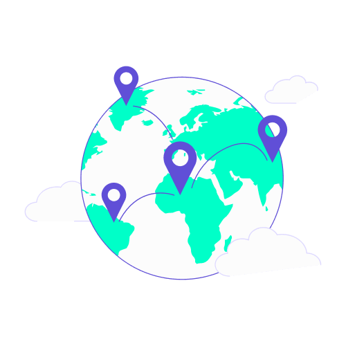 Illustration stylisée d'un globe terrestre en vert turquoise et violet, parsemé de plusieurs marqueurs de localisation géants reliés par des lignes d'itinéraire. Ce visuel symbolise les enjeux liés au déplacement professionnel à l'étranger : planification des trajets internationaux, gestion des fuseaux horaires, conformité aux réglementations locales et coordination logistique globale pour les voyageurs d'affaires.