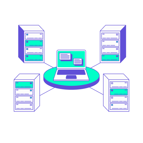 Illustration stylisée en turquoise et violet représentant un ordinateur portable central relié par des lignes de connexion à quatre tours de serveurs informatiques. Ce visuel symbolise l'écosystème numérique de la distribution aérienne : il illustre la capacité technologique d'une agence de voyages à se connecter au standard NDC en s'interfaçant avec différents serveurs de compagnies aériennes ou d'agrégateurs pour centraliser les offres et les données de réservation.