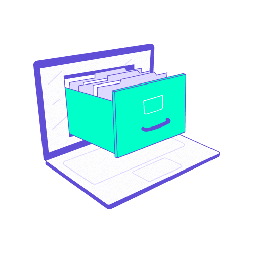 Illustration conceptuelle en turquoise et violet représentant un tiroir d'archives rempli de dossiers qui sort directement de l'écran d'un ordinateur portable. Ce visuel symbolise la collecte et la numérisation des justificatifs lors d'un déplacement professionnel en voiture : stockage des reçus de péage, de carburant et de parking pour faciliter les notes de frais et le remboursement des indemnités kilométriques.