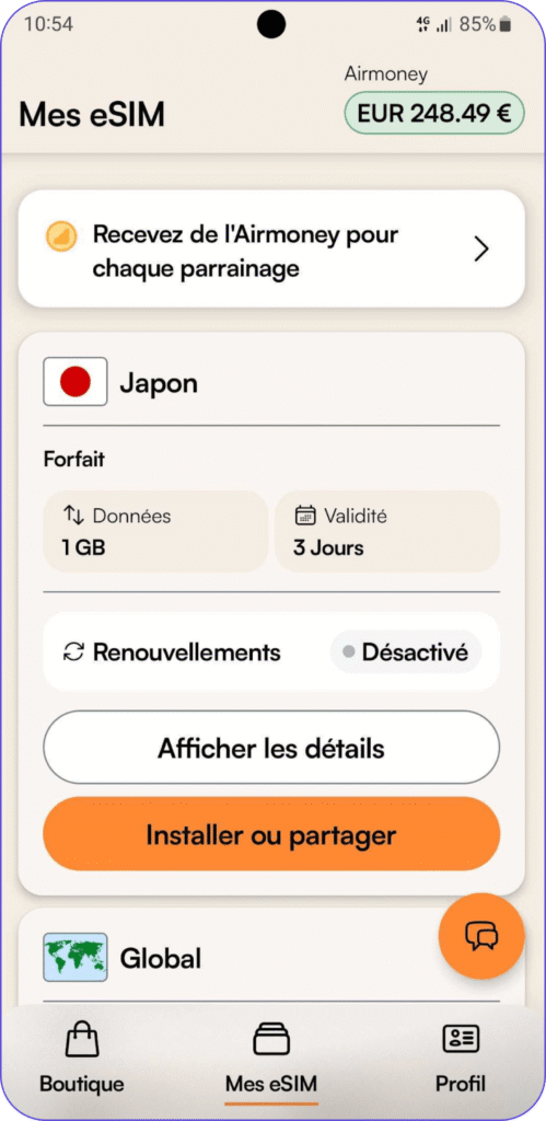 Airalo Application Airalo : achat et installation d'une eSIM depuis un mobile