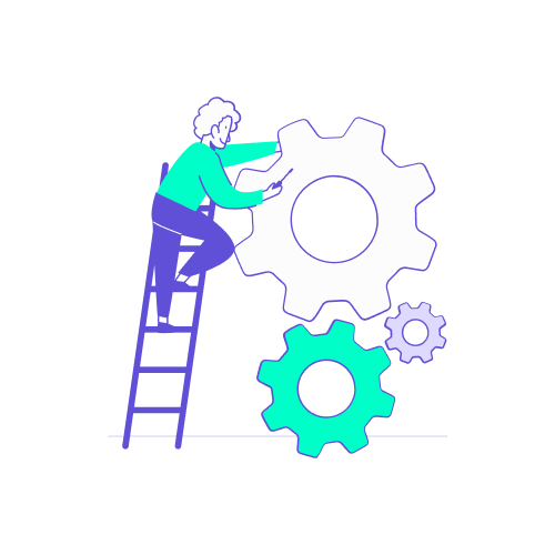Illustration stylisée en turquoise et violet représentant un technicien monté sur une échelle, en train d'ajuster avec précision un grand engrenage. Deux autres roues dentées plus petites sont imbriquées en dessous. Ce visuel symbolise l'automatisation de la politique voyage : l'action d'encoder les règles de classe directement dans l'outil de réservation (SBT) pour créer une mécanique fluide qui supprime les arbitrages manuels et garantit une application systématique des directives de l'entreprise.