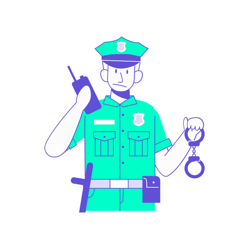 Illustration stylisée en turquoise et violet représentant un policier en uniforme, tenant un talkie-walkie d'une main et une paire de menottes de l'autre. Ce visuel illustre avec humour le défi des gestionnaires de voyages : comment traiter les réservations hors politique ou les surclassements abusifs sans pour autant devenir le « gendarme » de l'entreprise. Il suggère une approche basée sur l'automatisation et la pédagogie plutôt que sur la surveillance constante et la sanction.